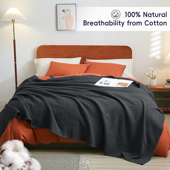 PHF 100% Cotton Waffle Weave Blanket California King Size 120"x 120" - Washed Soft Lightweight Breathable - 10'x10' Oversize Huge Extra Large for Couch Bed Sofa,Aesthetic Room Decor Gift - Black