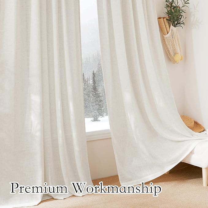 RYB HOME Linen Blend Curtains 90 inches Long - Light Filtering Semi Sheer Airy Breathable Window Treatments Soften Sunlight for Farmhouse Living Room Dining Door, Linen, W 52 x L 90 inch, 2 Panels