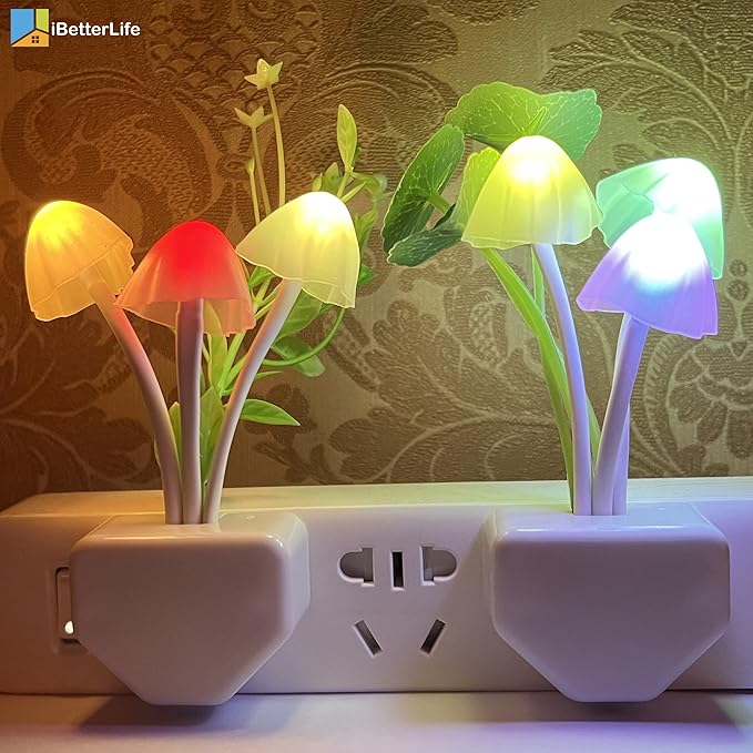 iBetterLife LED Night Light Smart Sensor 0.6W Color Changing Plug-in Night Lights for Kids Adults Cute Mushroom Night Light Bedroom Home Decor Light Wall Lamps NightLight