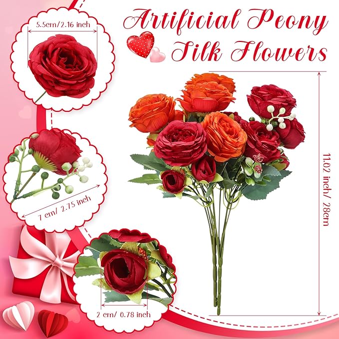 Geosar 8 Bundles Artificial Peonies Flowers Fake Silk Peony Bouquet Faux Peonies Flowers Bulk for Decoration Vase Floral Arrangements Wedding Party Table (Orange,Deep Red)