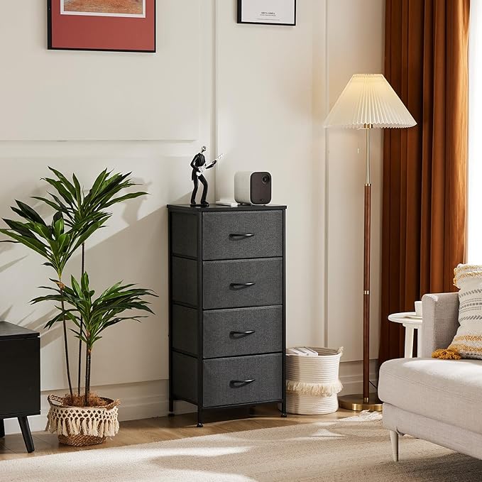 DUMOS Dresser for Bedroom 4 Drawers, Tall Fabric Closet Chests Organizer Tower Furniture with Wooden Top Metal Frame for Nursery, Living Room, Closet, Grey