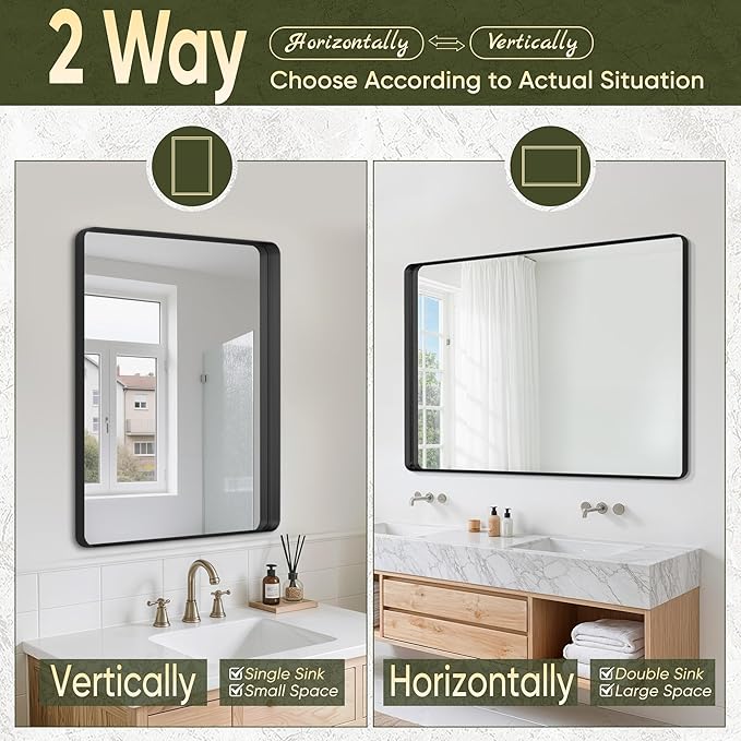 Suidia Bathroom Mirror, 72" x 36" Wall Mirror Metal Framed, Bathroom Vanity Mirror for Living Room Bedroom Bathroom Entryway, Black, Rounded Corner Style