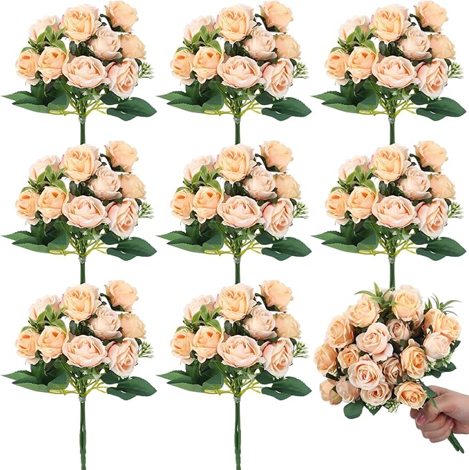 Zeyune 8 Pack 12 Inch Valentines Artificial Rose Bouquet Silk Roses Flowers Bunches Bulk Fake Roses for Wedding Bridal Home Office Garden Parties Decoration(Champagne)