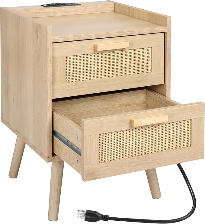 Finnhomy Nightstand with Charging Station, Bedside Table with 2 Hand Made Rattan Decorated Drawers, Night Stand with Storage for Bedroom, Natural
