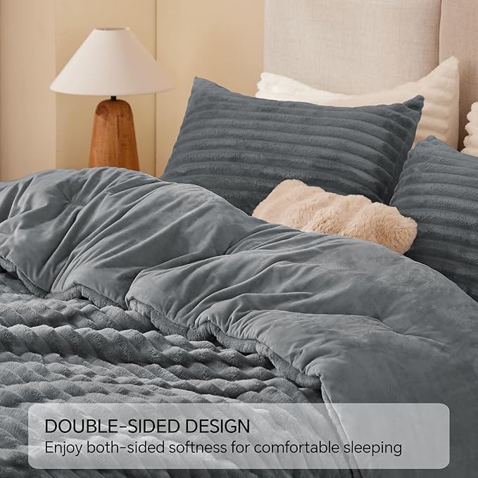 BEDELITE Fleece Twin Comforter Set -Super Soft & Warm Fluffy Grey Bedding, Luxury Fuzzy Heavy Bed Set for Winter with 1 Pillow case