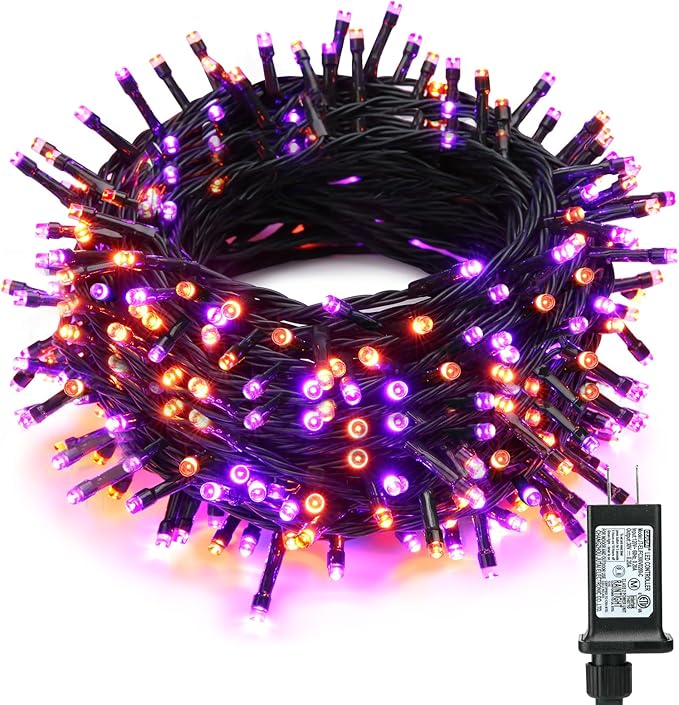 ODEETRONIC Orange & Purple Halloween Lights, 98.42ft 300 LED Orange Lights, Connectable 8 Modes Mini String Light, Plug in Twinkle Purple Halloween Light Waterproof for Holiday Party Home Garden Decor