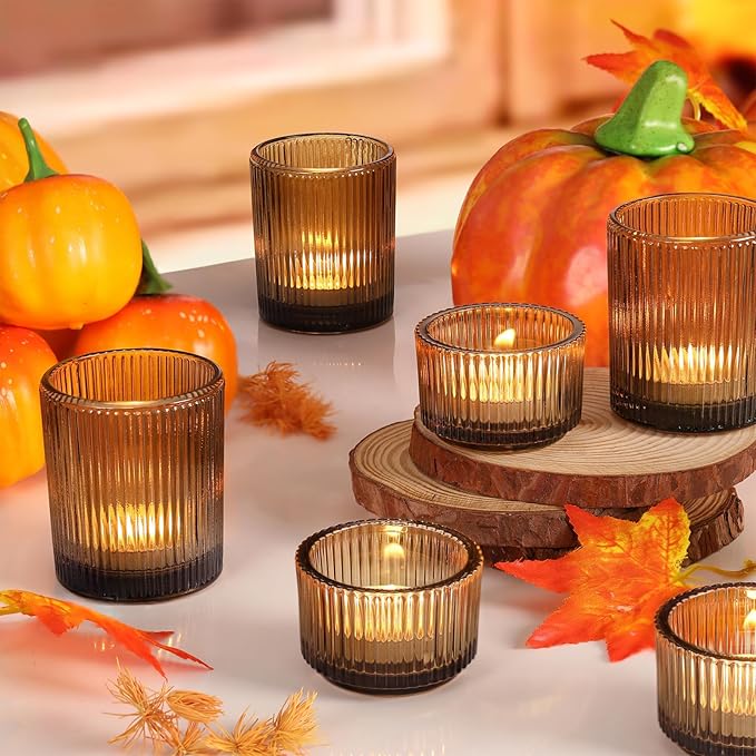 20pcs Ribbed Amber Votive Candle Holders, Assorted Glass Tea Light Candle Holders for Fall Decor, Amber Candle Holders for Wedding Centerpieces, Thankgiving and Christmas Decorations