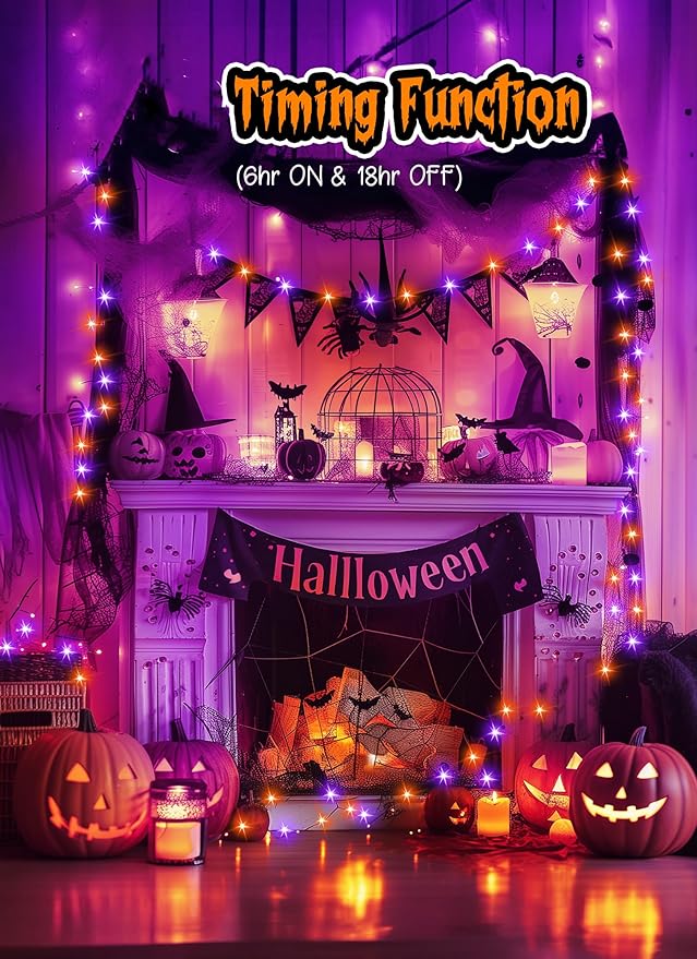 Minetom Halloween Fairy Lights Battery Operated, 5 Pack 7 FT 20 LED With Timer, Black Wire String Lights Indoor for Bedroom Party Classroom, Orange and Purple