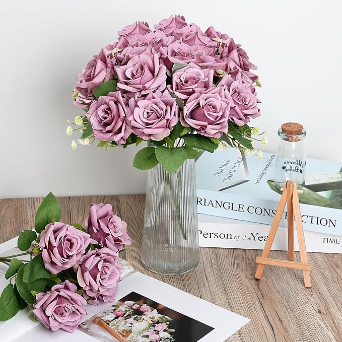 Purple Roses Artificial Flowers - 8 Bundles Fake Silk Rose Flower Realistic Faux Florals Bulk for Wedding Bridal Party Baby Shower Event Home Arrangements Centerpieces Decor (Dusty Purple)