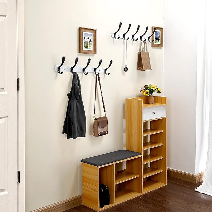 SKOLOO Modern Metal Wall Coat Rack with 5 Hooks, Pack of 2, Sturdy Wall Hook Rack Rail for Hanging Coat, Jacket, Clothes, Hat, Black on White