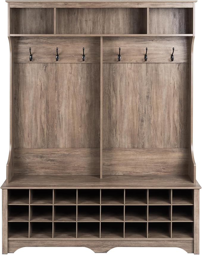 Prepac Gray Hall Tree, Shoe Cabinet, Storage Cabinet with 24 Shoe Cubbies and 6 Double Coat Hooks 15.5" D x 60" W x 77" H