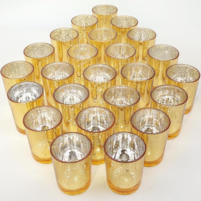 24 Pcs Gold Votive Candle Holders, Speckled Mercury Gold Glass Candle Holder Bulk for Wedding Centerpiece Table Decor, Tea Lights Candle Holder for Valentines Day Decor, Home Decor