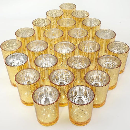 24 Pcs Gold Votive Candle Holders, Speckled Mercury Gold Glass Candle Holder Bulk for Wedding Centerpiece Table Decor, Tea Lights Candle Holder for Valentines Day Decor, Home Decor
