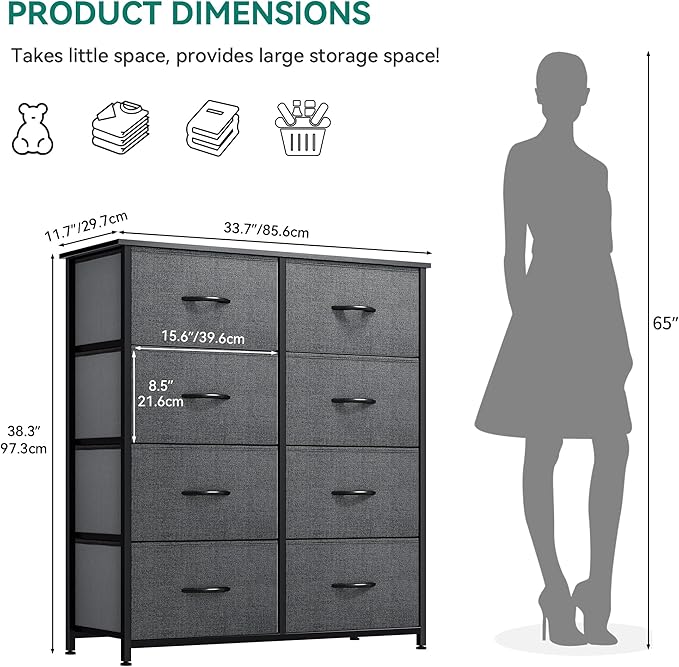 YITAHOME Dresser for Bedroom, Double Dresser with 8 Drawers, Storage Tower with Fabric Bins, Chest of Drawers for Closet & Living Room (Black Wood Grain)