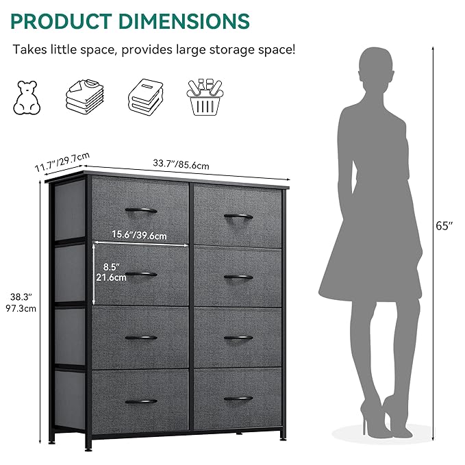 YITAHOME 8 Drawers Fabric Dresser - Storage Tower Unit Organizer Unit for Living Room & Closets - Sturdy Steel Frame & Easy Pull Fabric Bins