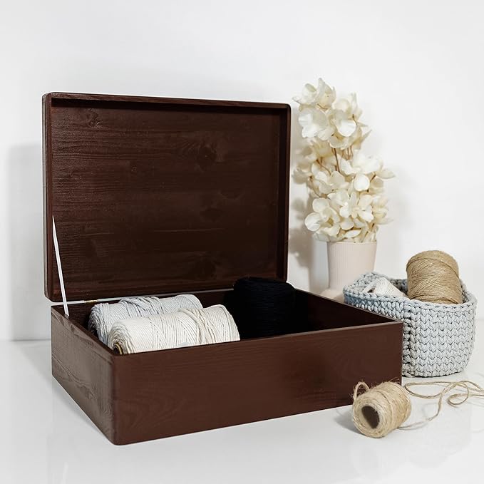 XL Brown Wooden Box Storage with Hinged Lid | 15.8 x 11.8 x 5.5 inches (+-0.5) | Gift Box for Tool Dog Toy Shoes Clothes Kitchen Storage Document | Wood Keepsake Chest