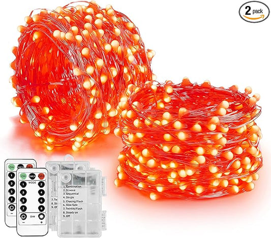 Homemory Red Halloween Fairy Lights Battery Operated with Remote, 2 Pack 33 Ft 100 LED Christmas String Lights, Waterproof 8 Modes Firefly Twinkle Silver Wire Lights for Bedroom Decor