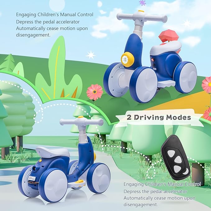 6V Electric Baby Balance Bike with Bubble Machine,4 in 1 Toddler Balance Bike w/Remote Control for 1 Year Old Boys Girls Kids Bubble Bike Ride on Toys w/Powered Motor,Music,LED Lights (Blue)
