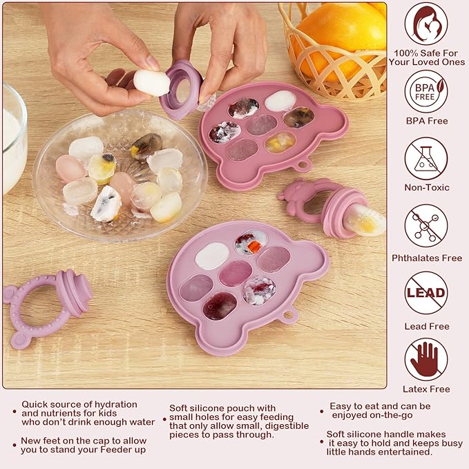 WAJIAYON Baby Breastmilk Popsicle Molds & Baby Fruit Feeder (2 Pack), Infant Food Freezer Tray Storage Containers, Silicone Teething Pacifier Feeder and Teether for Babies - Blush