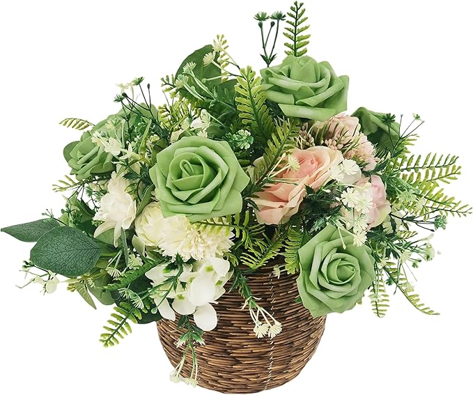 Artificial Rose Flowers 25pcs, Matcha Green Foam Fake Rose Faux Flower for Wedding Bouquets Bridal Shower Centerpieces Floral Arrangements Home Decorations Party Backdrops Table