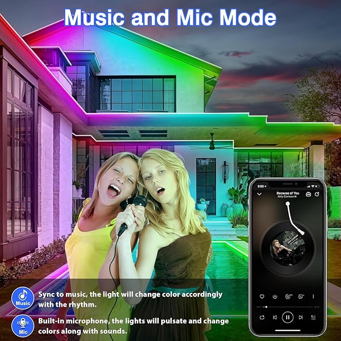 zoegi Outdoor LED Strip Lights Waterproof,Music Sync RGB IP68 Outside Led Light Strips Waterproof with App and Remote,Exterior Led Rope Lights for Deck,Balcony,Roof,Garden,Pool (50FT)
