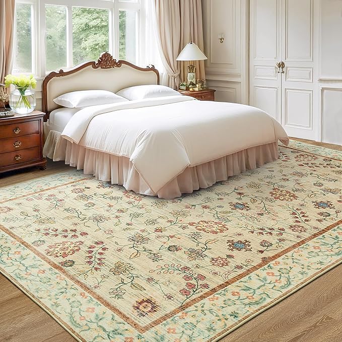 LOCHAS Washable Area Rugs 5x7, Beige Floral Rug for Living Room Bedroom Non Slip, Ultra Soft Vintage Indoor Carpet for Kids, Nursery, Dorm, Dining Room, Classroom, Boho Flower Home Decor, Low-Pile