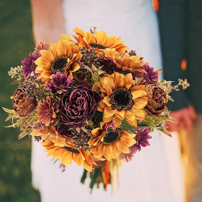 GTIDEA 2 Bundles Fall Flowers Bouquet Vintage Artificial Flowers Fake Sunflowers with Silk Peonies Orange Autumn Flowers for Home Table Centerpieces Wedding Festival Party Decor