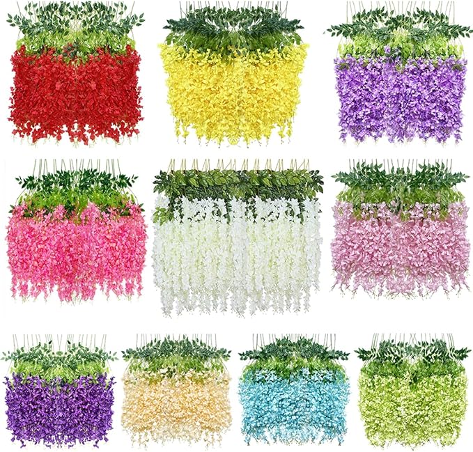 Artificial Wisteria Hanging Flowers Fake Wisteria Flower Garland Silk Vines Rattan Decor for Home Wedding Arch Wall Garden Greenery Bedroom Outdoor Office Party Decoration (24, White)