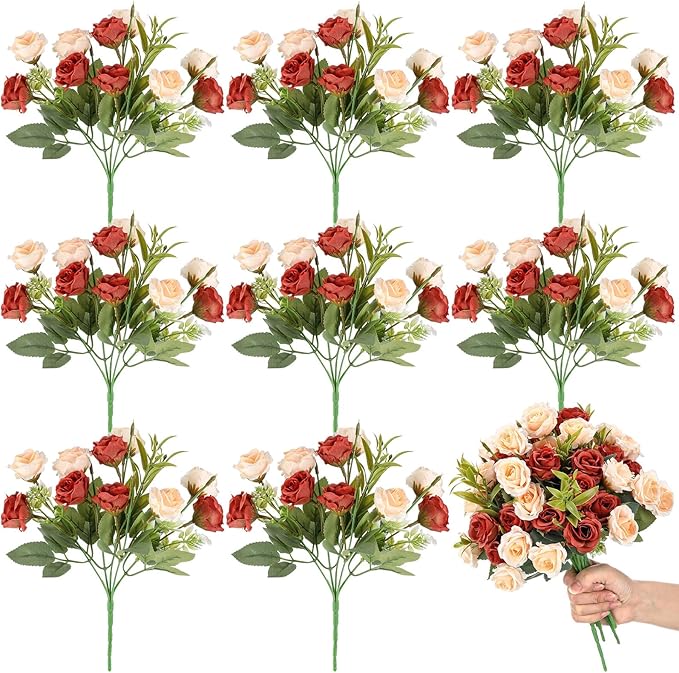Zeyune 8 Pack 12 Inch Wedding Bouquets for Bride Bridesmaid Orange and Champagne Artificial Rose Bouquet Fake Silk Roses Flowers Bunches Bulk for Home Office Garden Parties Decoration