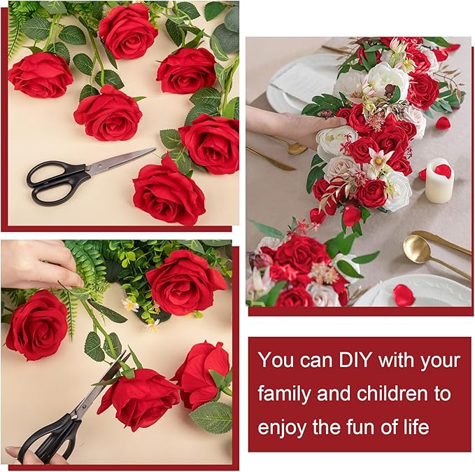 Ouddy Decor 50 Pcs Artificial Red Roses Bulk Realistic Fake Silk Flowers with Long Stems for Wedding Bridal Bouquet DIY Table Centerpieces Arrangement Valentines Home Decor