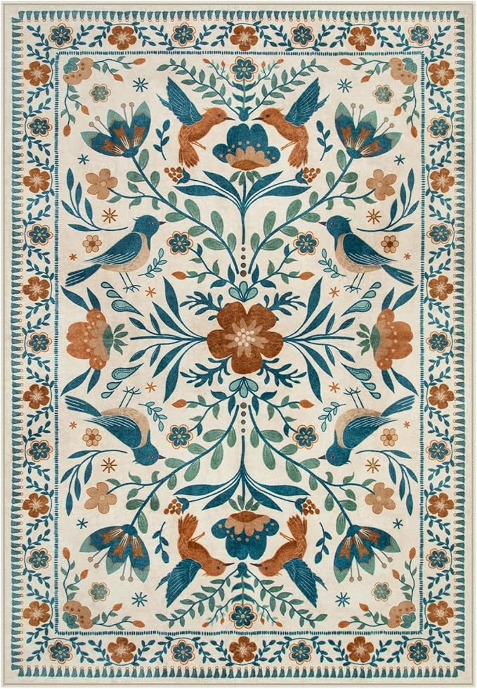 Moynesa Washable Boho Bird 6x9 Area Rugs, Ultra Thin Soft Living Room Rugs for Bedroom Non Slip, Stain Resistant, Easy Clean, Large Beige Indoor Throw Carpet for Dining Room Office Nursery