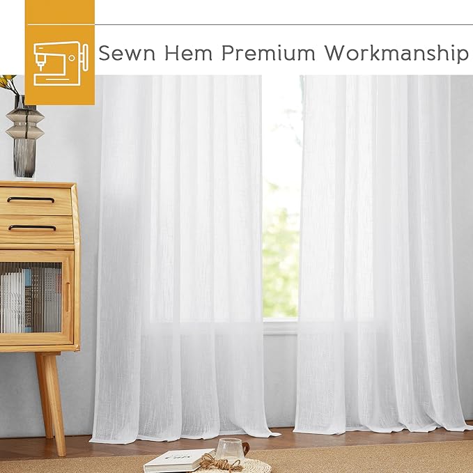 RYB HOME White Sheer Curtains for Living Room - Privacy Linen Fabric Semitransparent Farmhouse Country Curtains Light & Airy for Patio Door Bedroom Bay Window, W 52 x L 90 inch, 2 Panels