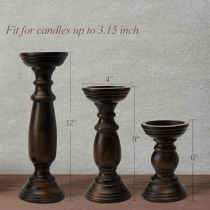 Rustic Wooden Pillar Candle Holders Set of 3, 12'' 9'' 6'' Farmhouse Wood Candle Stand for Table Centerpieces, Vintage Tall Candleholders Fireplace Mantel Decor for Living Room, Dark Brown