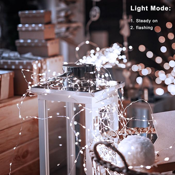 2 Pack Christmas Fairy Lights Battery Operated, 16.4Ft 50 LEDs Silver Copper Wire Twinkle Lights with 2 Lighting Modes for Christmas Bedroom Indoor Outdoor Wedding Holiday Decor(Cool White)