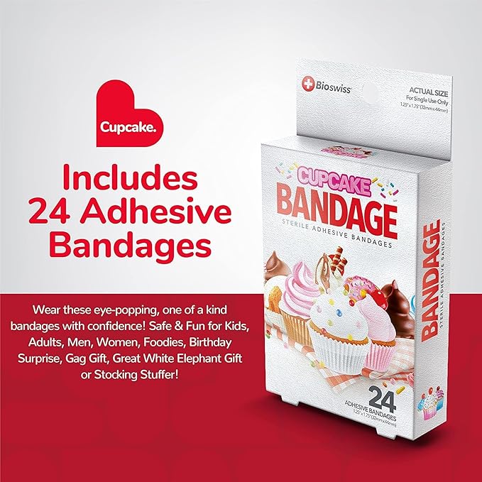 BioSwiss Bandages, Cupcake Shaped Self Adhesive Bandage, Latex Free Sterile Wound Care, Fun First Aid Kit Supplies for Kids, 24 Count
