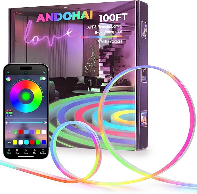 100FT LED Neon Rope Lights, Flexible Led Rope Lights Control with App/Remote, IP67 Outdoor RGB Color Changing Led Neon Lights Waterproof, Music Sync Led Strip Neon Lights for Bedroom Decor