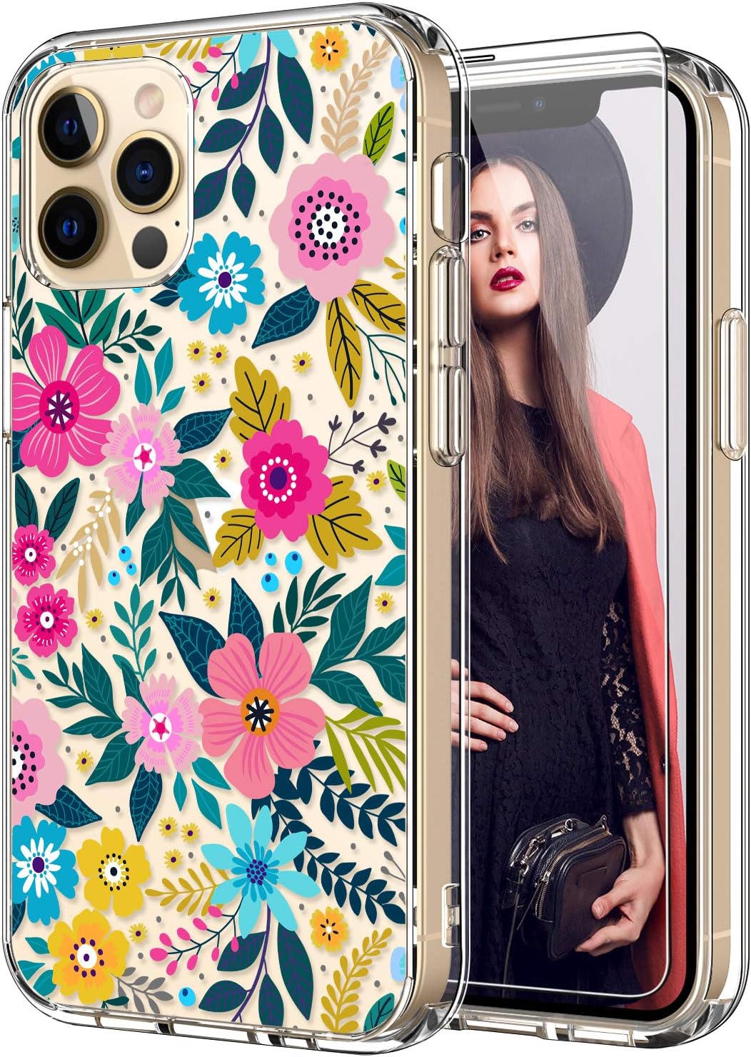 ICEDIO iPhone 12 Case with Screen Protector, Clear with Colorful Blooming Floral Patterns for Girls, Slim Fit