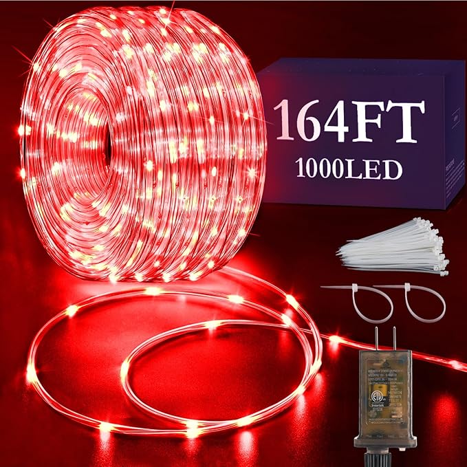 KNONEW 164FT 1000LED Rope Lights for Outside,Outdoor String Lights Waterproof 8 Modes Clear Tube Light for Indoor,Bedroom,Wedding,Garden,Patio,Christmas,Tree,Rv,Holiday Decoration(Red)