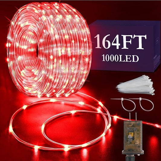 KNONEW 164FT 1000LED Rope Lights for Outside,Outdoor String Lights Waterproof 8 Modes Clear Tube Light for Indoor,Bedroom,Wedding,Garden,Patio,Christmas,Tree,Rv,Holiday Decoration(Red)