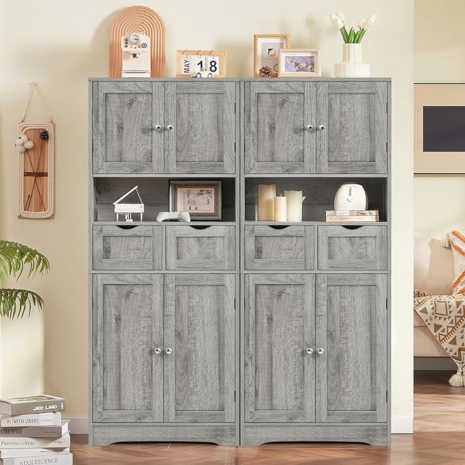 Iwell Tall Storage Cabinet with Adjustable Shelf, Bathroom Cabinet with 2 Drawers, Linen Cabinet for Living Room, Grey