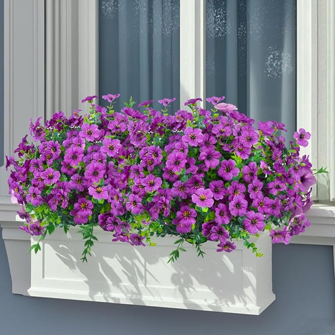 Ouddy Decor 24 Bundles Artificial Flowers for Outdoors Fake Silk Flowers UV Resistant Faux Plastic Plants for Spring Summer Garden Porch Window Box Table Vase Home Indoor Outdoor Decoration, Purple
