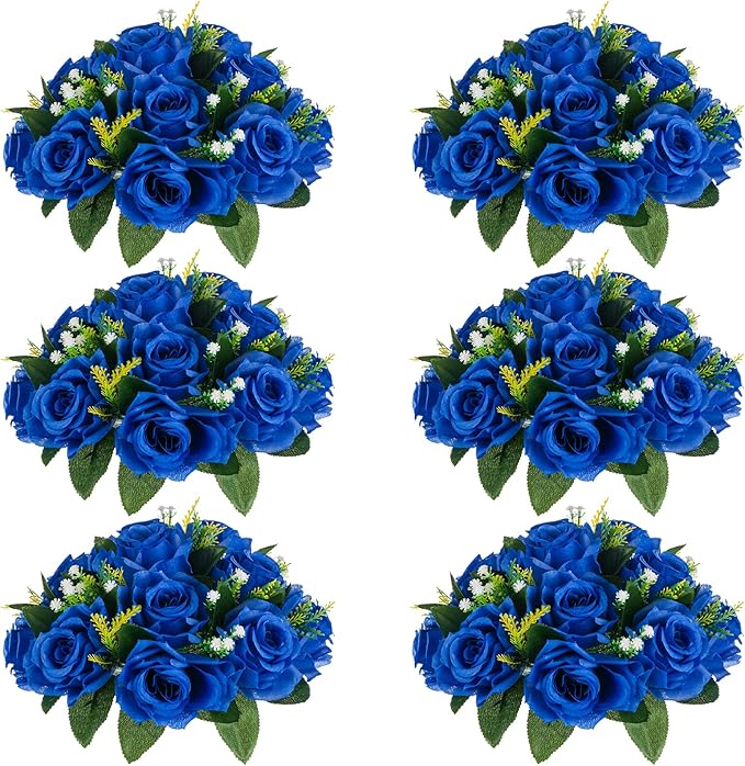 NUPTIO Flower Ball Arrangement Bouquet - 6 Pcs 9.5 inch Diameter Royal Blue Fake Flowers Roses Balls for Centerpieces Tables - Artificial Rose Arrangements for Wedding Centerpiece Table Decorations