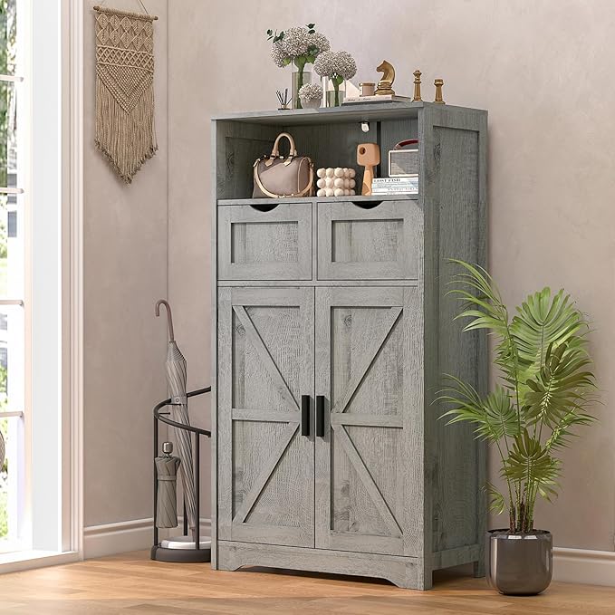 WEENFON Bathroom Cabinet, Storage Cabinet with 2 Adjustable Drawers & 2 Barn Doors, Standing Cupboard with 2 Shelf, Floor Cabinet for Living Room, Home Office, Kitchen, Grey