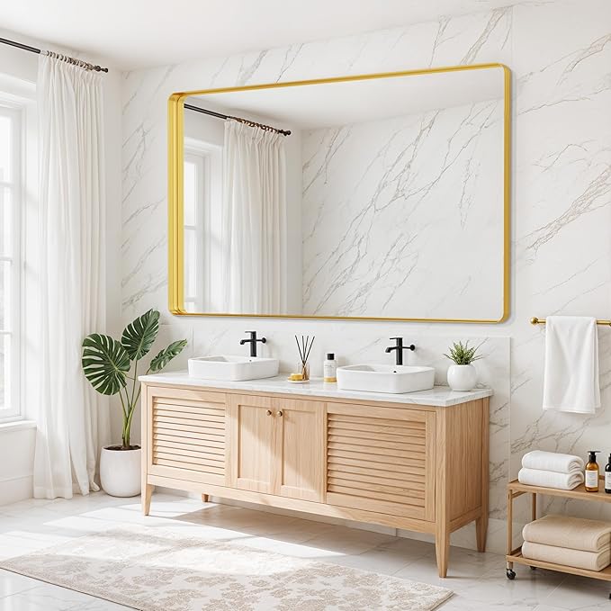 Suidia Bathroom Mirror, 60" x 36" Wall Mirror Metal Framed, Bathroom Vanity Mirror for Living Room Bedroom Bathroom Entryway, Gold, Rounded Corner Style