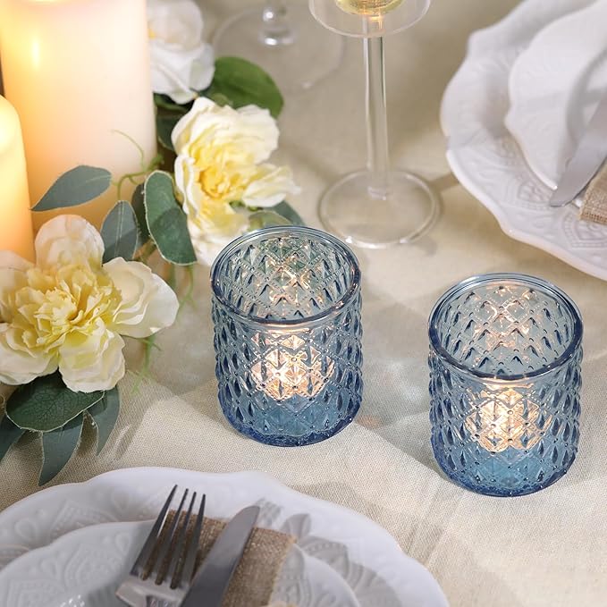 12Pcs Large Votive Candle Holders 2.8 * 3.2in Blue Tea Light Candle Holders Glass Candle Holder for Wedding, Bridal Shower, Table Centerpiece, Party, Home Decor