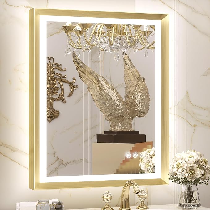 TETOTE Gold Bathroom LED Mirror with Lights 30x36 Frontlit & Backlit Vanity Framed Mirror Baroque Anti Fog Stepless Dimmable White/Warm/Natural,CRI90+,Waterproof,Wall Mounted(Horizontal/Vertical)
