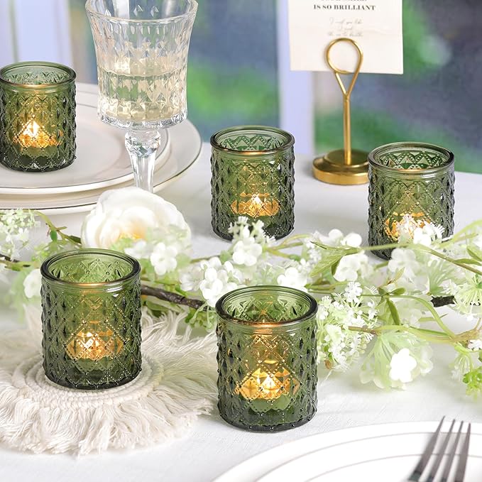 20 Pcs Votive Candle Holders, Green Glass Candle Holder for Wedding Table Centerpiece, Tea Lights Candle Holders for Christmas Decor, Party and Fireplace Home Ornaments Wedding Party Indoor Decor