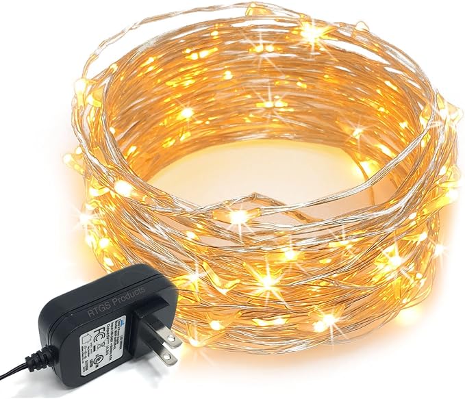 100 LED String Lights, 32 Feet, Silver Wire, Warm White, Plug-in, Indoor-Outdoor, 5V DC Transformer