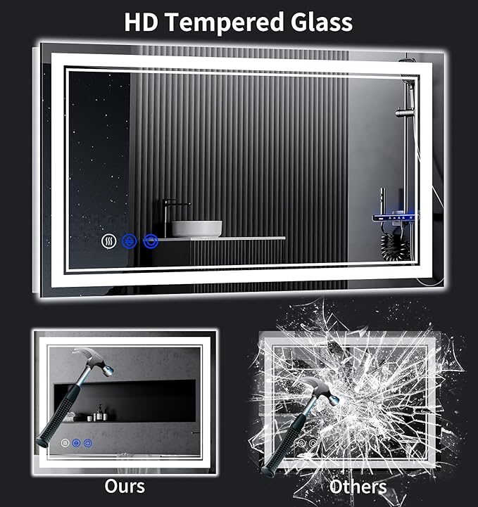 48"x36" LED Bathroom Mirror with Anti-Fog, Stepless Dimmable Lights, 3 Color Modes, Shatter-Proof Tempered Glass, Memory Function & Waterproof Design
