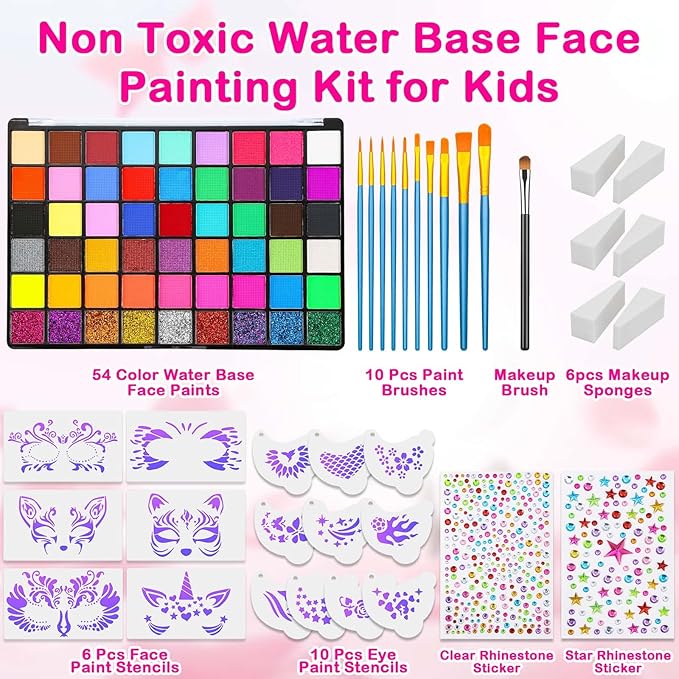 Professional Face Painting Kit for Kids and Adults – 54 Color Water Activated Cosplay Makeup Kit, Non-Toxic Body Paint with Stencils, Gems, Brushes– for Halloween FX, Bday Parties, School Event
